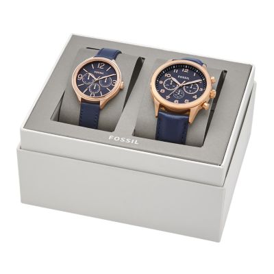 His Chronograph and Her Multifunction Navy Leather Watch Gift Set - Fossil