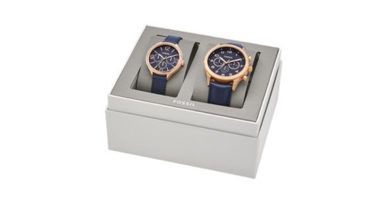 His Chronograph and Her Multifunction Navy Leather Watch Gift Set - Fossil
