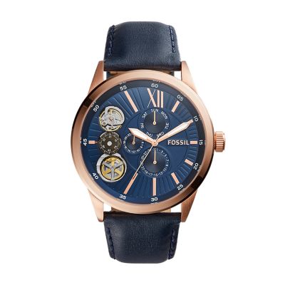 Flynn Mechanical Navy Leather Watch - Fossil