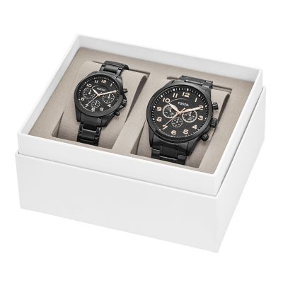 His and Her Chronograph Black Stainless Steel Watch Gift Set - Fossil