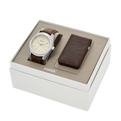 Editor Three Hand Brown Leather Watch And Wallet Box Set