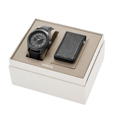 Fossil Editor Three-Hand Black Leather Watch and Wallet Box Set