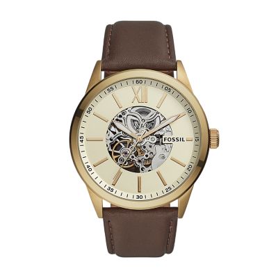 Fossil Outlet Men's 48Mm Flynn Automatic Brown Leather Watch - Brown