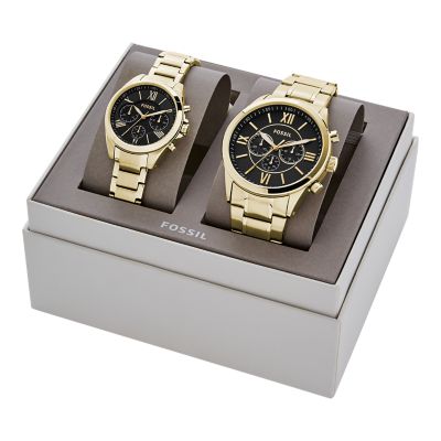 Coffret cadeau montre chronographe en acier inoxydable, dorée, pour Elle et Lui