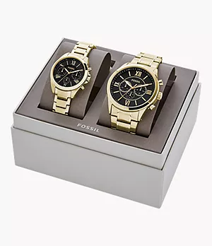 Coffret cadeau avec montre chronographe en acier inoxydable ton or pour elle et lui