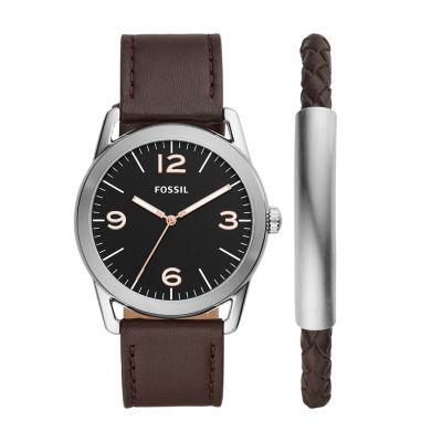 Ledger Three Hand Brown Leather Watch and Bracelet Gift Set