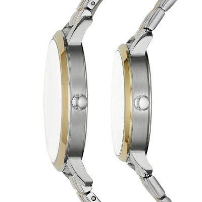 Set regalo composto da due orologi Lux Luther a tre sfere con bracciale in  acciaio bicolore per lui e per lei - BQ2467SET - Fossil