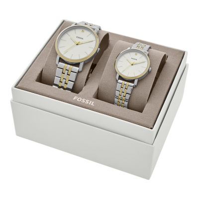 Set regalo composto da due orologi Lux Luther a tre sfere con bracciale in  acciaio bicolore per lui e per lei - BQ2467SET - Fossil