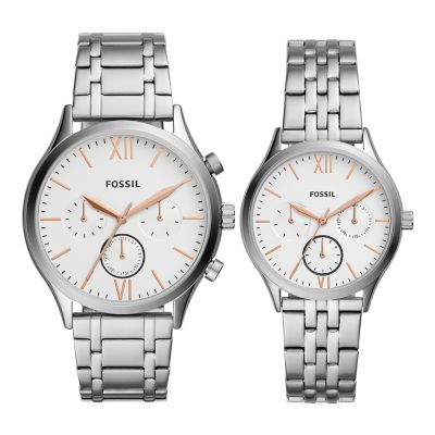 Fossil Outlet His And Her Fenmore Multifunction Stainless Steel Watch Gift Set - Silver