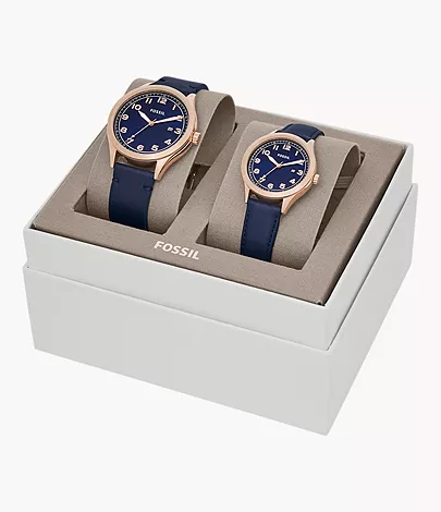 His and Her Wylie Three-Hand Navy Leather Watch Box Set 