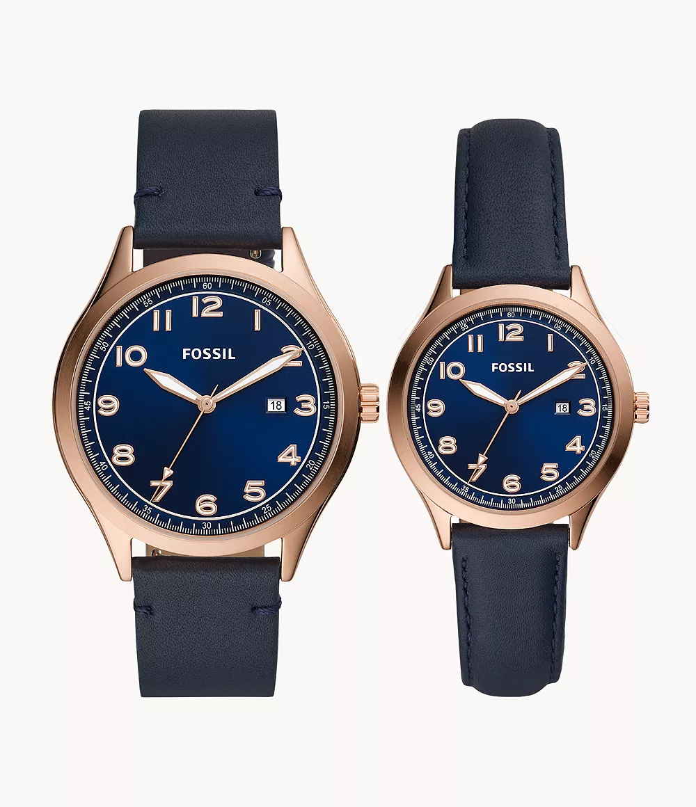 His And Her Wylie Three-Hand Navy Leather Watch Box Set jewelry