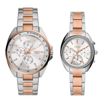 Coffret montre multifonction en acier inoxydable bicolore pour Elle et Lui