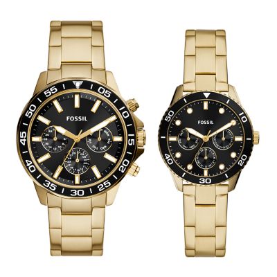 Conjunto de relojes multifunción para él y ella de acero dorado