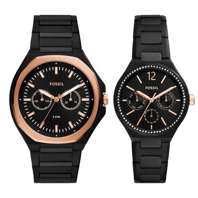 His and Her Multifunction Black Stainless Steel Watch - BQ2645SET - Fossil