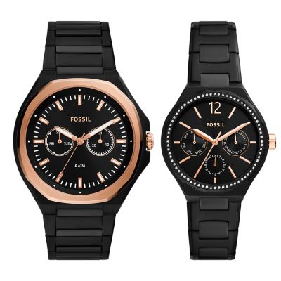 Fossil Outlet His and Hers Set Uhr Evanston Multifunktionswerk Edelstahl schwarz