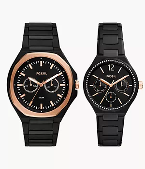 His and Her Multifunction Black Stainless Steel Watch