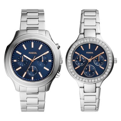 His and Her Multifunction Stainless Steel Watch Set