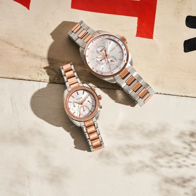 His and Hers Multifunction Two Tone Stainless Steel Watch Set