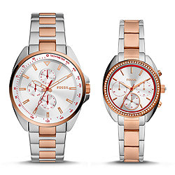 His and Hers Multifunction Two-Tone Stainless Steel Watch Set