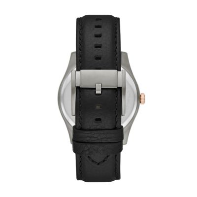 fossil watch men's black leather strap