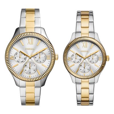 His And Hers Multifunction Two-Tone Stainless Steel Watch Set