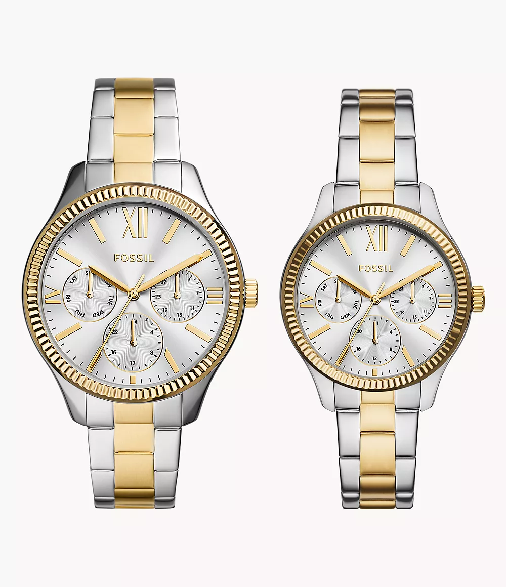 His And Hers Multifunction Two-Tone Stainless Steel Watch Set
