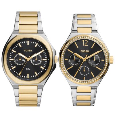 Fossil unisex his and hers multifunction two-tone stainless steel watch