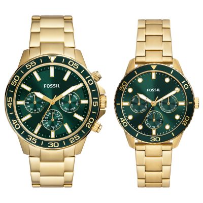 His and Hers Multifunction Gold Tone Stainless Steel Watch Set