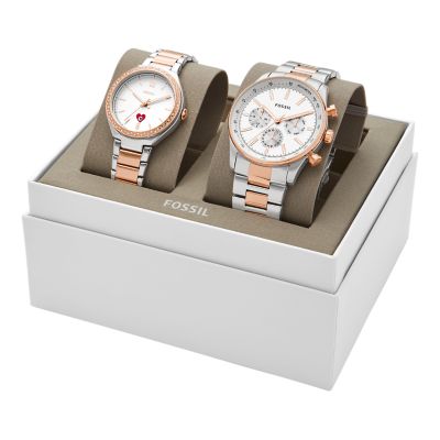 His and Hers Multifunction Two-Tone Stainless Steel Watch Set