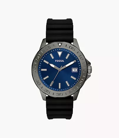 A sporty men’s watch featuring a blue dial and black leather strap.