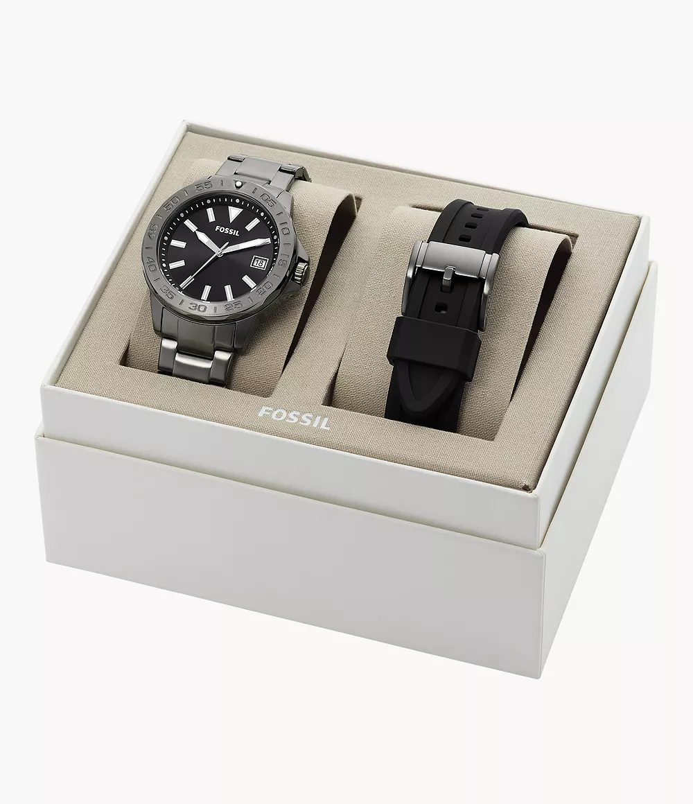 Bannon Three-Hand Date Smoke Stainless Steel Watch and Strap Box Set