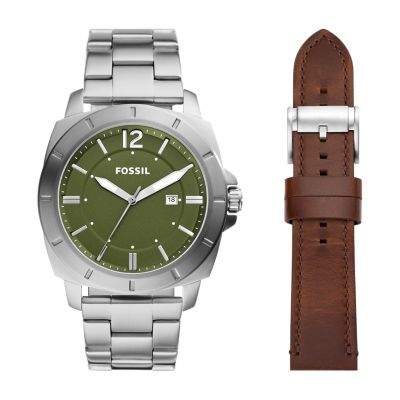 Coffret de montre à trois aiguilles avec date en acier inoxydable Privateer et bracelet