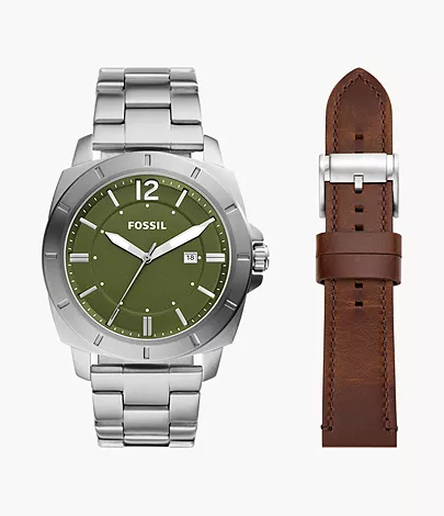 Une montre pour homme au cadran vert olive en version bracelet argenté et bracelet interchangeable en cuir marron.