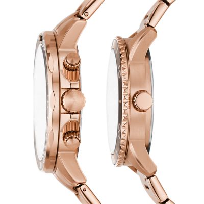 His and Hers Multifunction Rose Gold-Tone Stainless Steel Watch