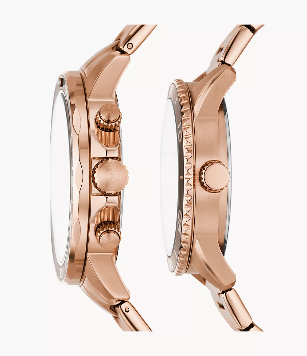 His and Hers Multifunction Rose Gold-Tone Stainless Steel Watch Box Set