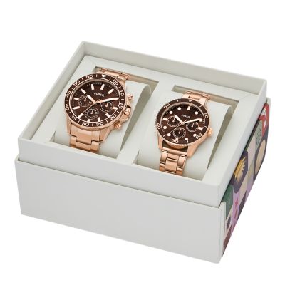 His and Hers Multifunction Rose Gold-Tone Stainless Steel Watch