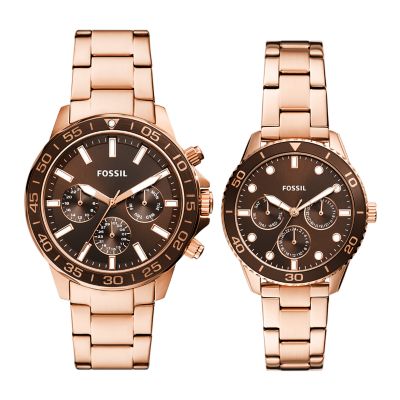 His and Hers Multifunction Rose Gold-Tone Stainless Steel Watch Box Set