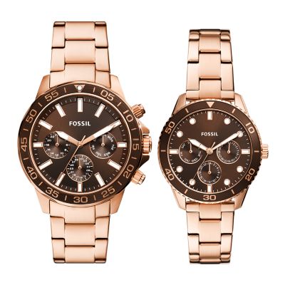 Coffret montre multifonction His and Hers en acier inoxydable