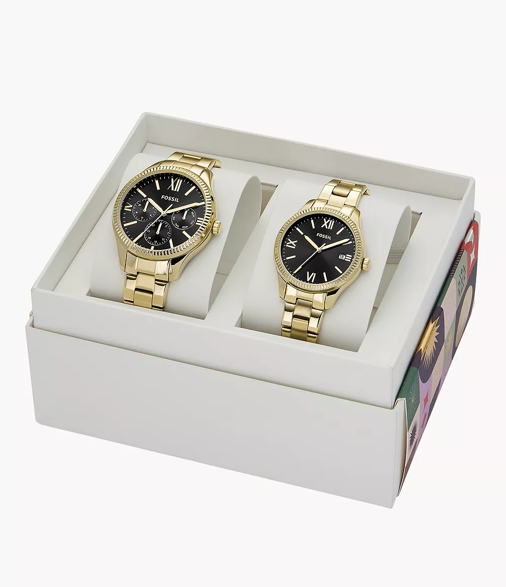 His and Hers Multifunction Gold-Tone Stainless Steel Watch Box Set