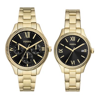 His and Hers Multifunction Gold-Tone Stainless Steel Watch Box Set