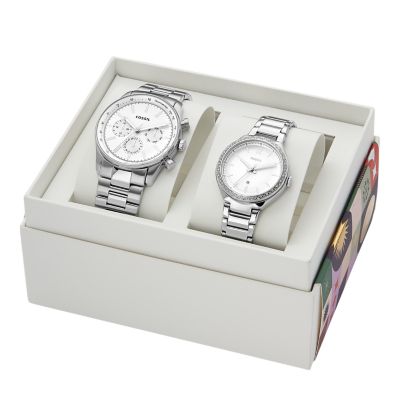 Coffret montre multifonction His and Hers en acier inoxydable