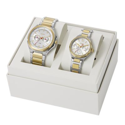 His and Hers Multifunction Two-Tone Stainless Steel Watch Box Set