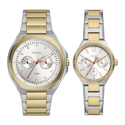 His and Hers Multifunction Two Tone Stainless Steel Watch Box Set