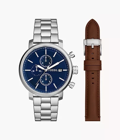 A men's silver-tone watch with a navy blue dial and an interchangeable brown leather strap.