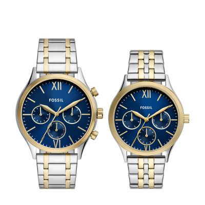 Fossil multifunction stainless steel couple watch best sale