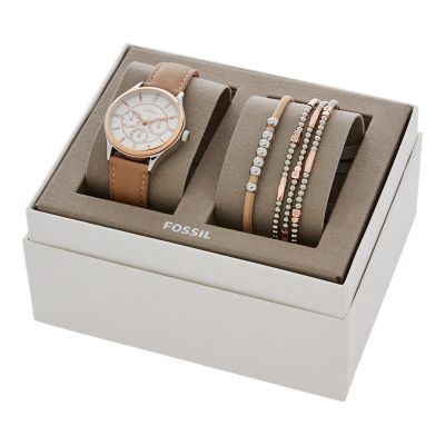 Modern Sophisticate Multifunction Tan Leather Watch And Jewellery Gift Set