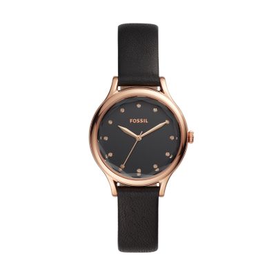 Laney Three-Hand Black Leather Watch - Fossil