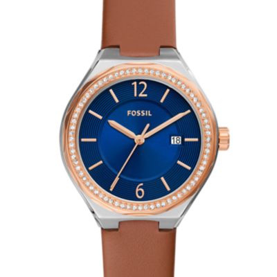 Eevie Three-Hand Date Brown Leather Watch