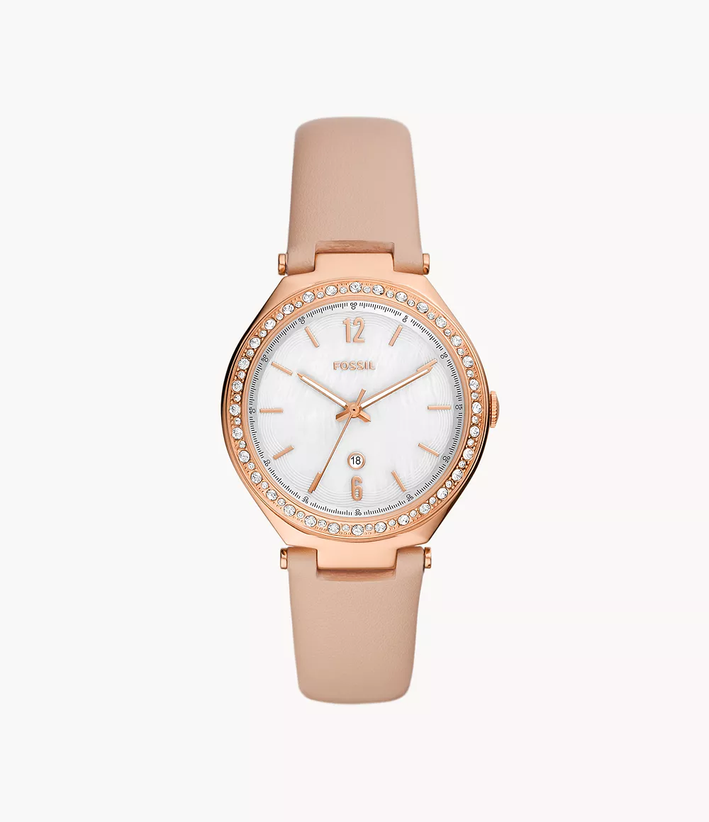 Ashtyn Three-Hand Date Pink Leather Watch
