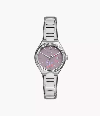 A women's silver-tone watch with a purple Valentine-themed dial